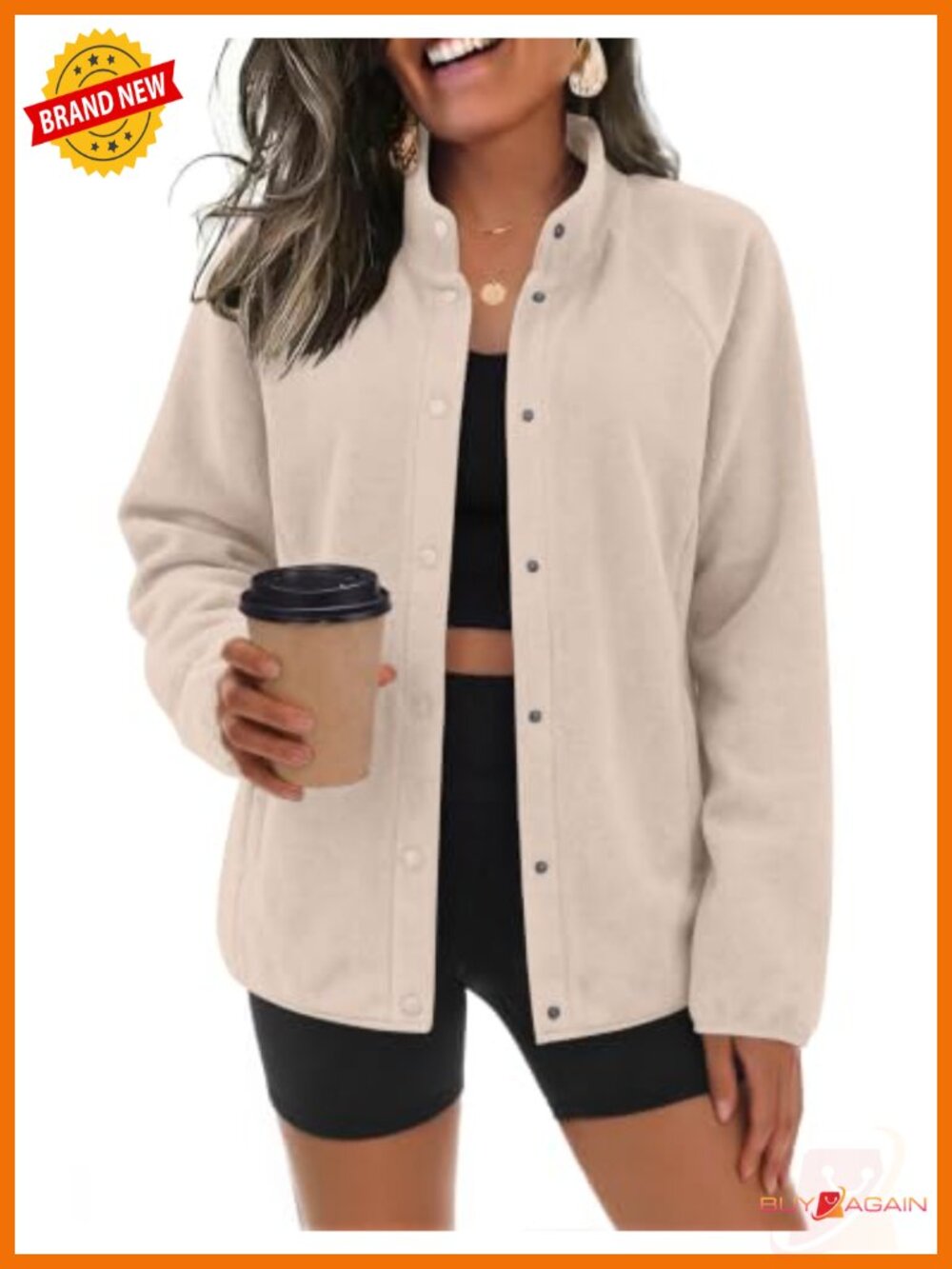 Fleece Jacket Women Button Down Stand Collar Pockets Winter Coat